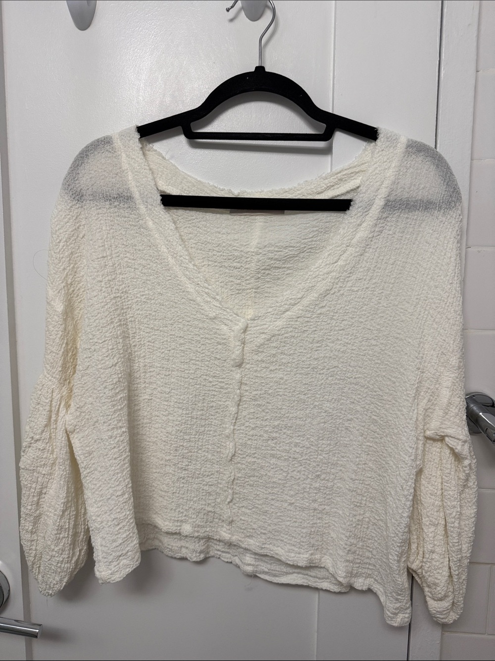 Cream Textured V-Neck Button-Front Women's Top